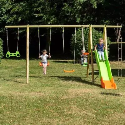Portique de jeux en bois avec poutre métal - TECHWOOD MAKUTA 2,30 m + toboggan - Pour 8 enfants