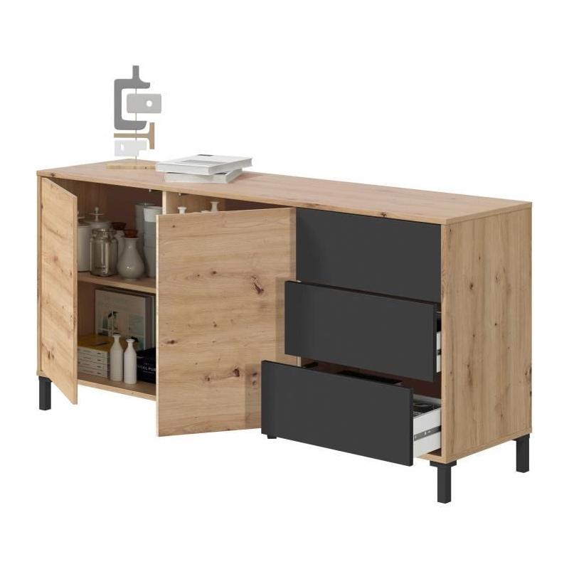 Buffet Brooklyn 2 portes 3 tiroirs - Chene et noir