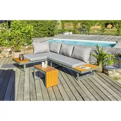 Salon de jardin modulable en bois d'acacia et aluminium - Kaki