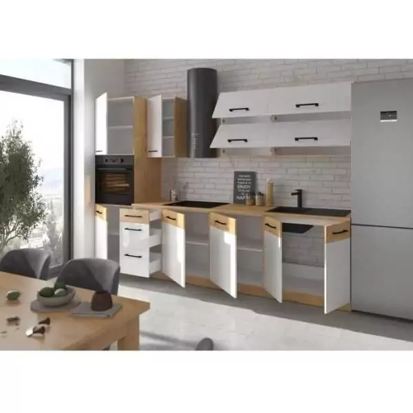 ROCK - Cuisine complete - Mélaminé chene Lancelot et Blanc brillant - 300 cm - Plan de travail non inclus
