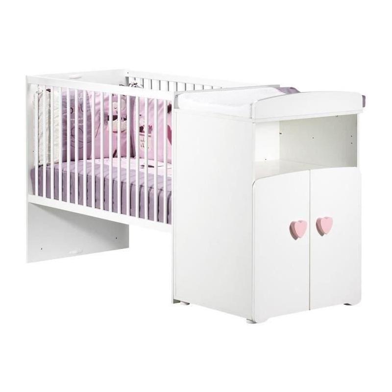 Lit bébé combiné évolutif - BABY PRICE - Basic - Blanc - Bouton coeur rose