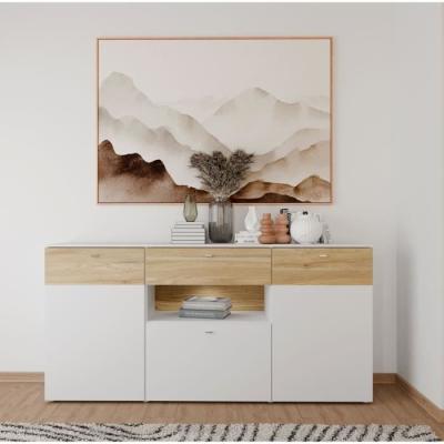 Buffet COMO 3 portes 1 tiroir LED - Gris/Chene - 195 cm