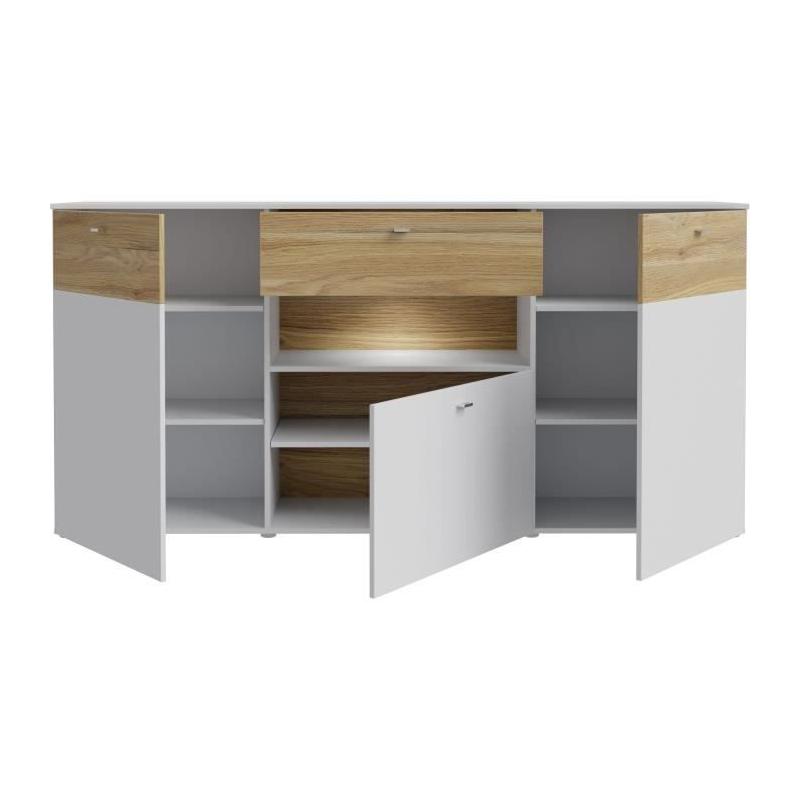 Buffet COMO 3 portes 1 tiroir LED - Gris/Chene - 195 cm