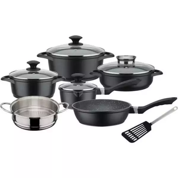 GSW - 414562 - Batterie - Aluminium Forgé Massif GOURMET GRANIT - 10pcs - Induction - Revetement VITAFLON GRANIT