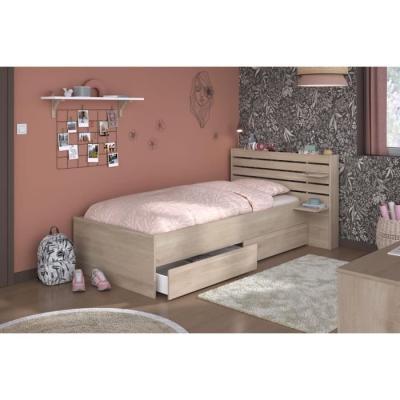 Lit enfant ESCALE 90x190/200 cm - Chene - Tete de lit + 2 tiroirs
