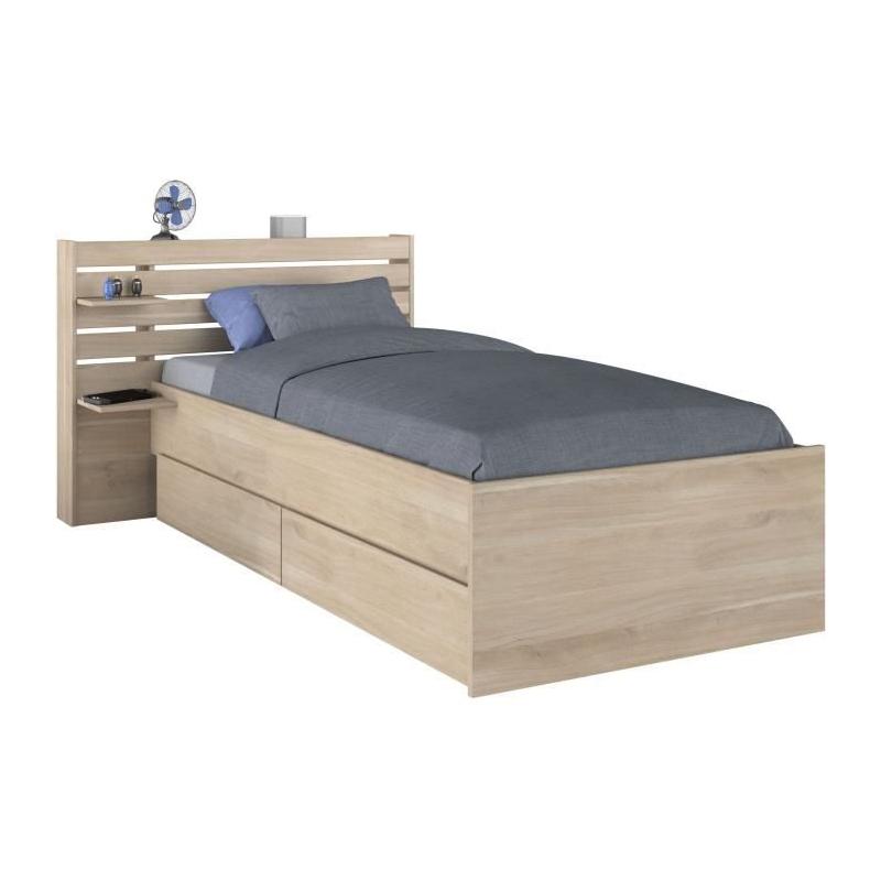 Lit enfant ESCALE 90x190/200 cm - Chene - Tete de lit + 2 tiroirs