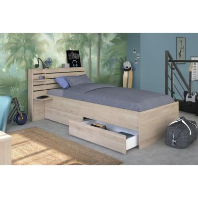 Lit enfant ESCALE 90x190/200 cm - Chene - Tete de lit + 2 tiroirs