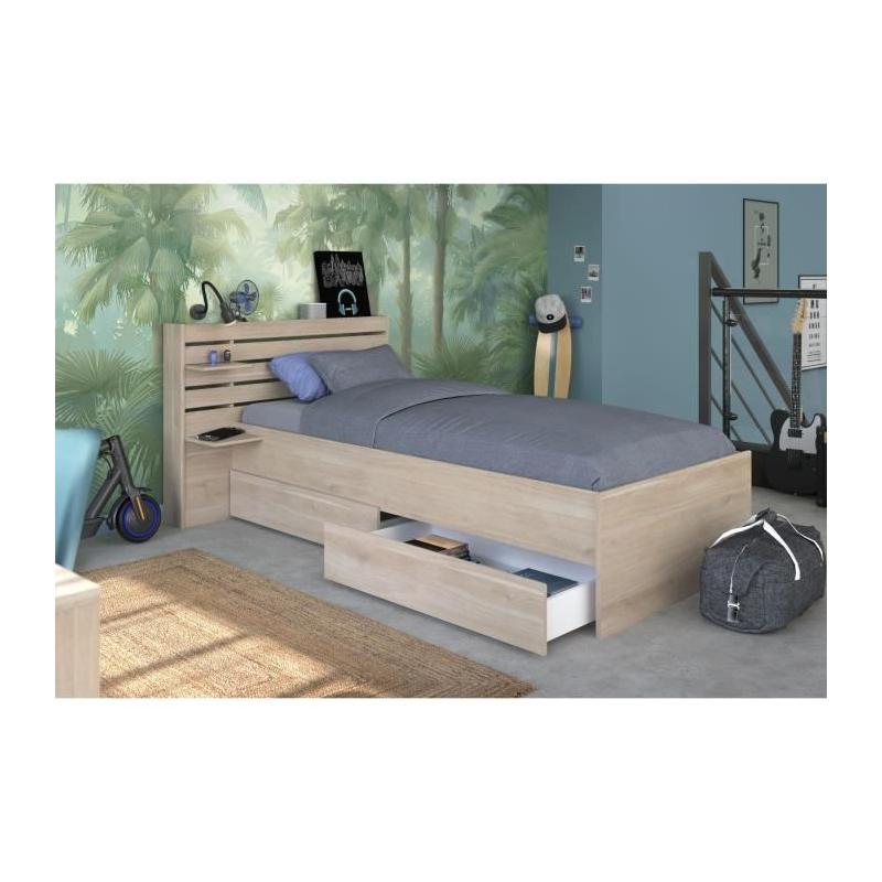 Lit enfant ESCALE 90x190/200 cm - Chene - Tete de lit + 2 tiroirs