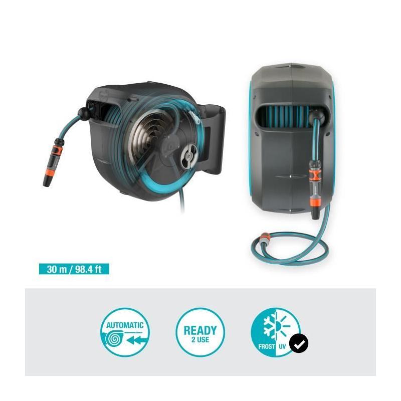 Dévidoir automatique mural RollUp L GARDENA - Kit complet 