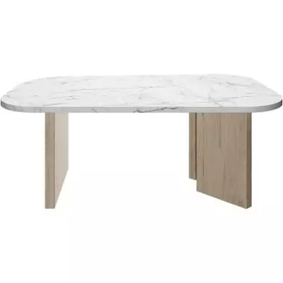 Table basse ovale QUARTZ - Blanc effet marbre - Pieds en chêne massif - 105 x 58 x 39 cm