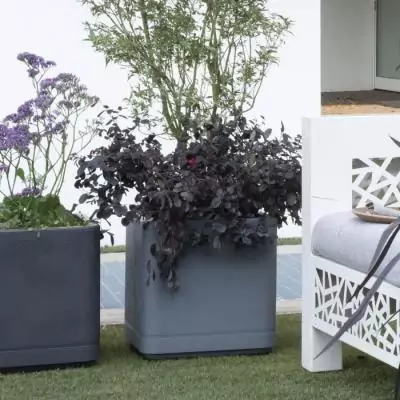 Pot de fleur Cube DEROMA Cosmo 38 cm - Gris cendré - Réservoir d'eau - Roulettes Pot de fleur Cube DEROMA Cosmo 38 cm - Gris cendré - Réservoir d'eau - Roulettes