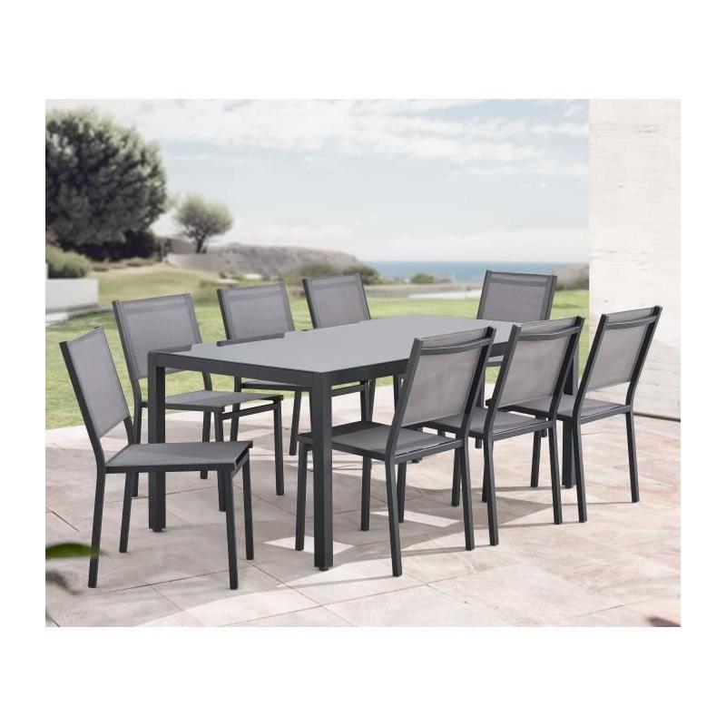 Ensemble repas de jardin : Table 180cm + 8 chaises - Aluminium & verre trempé - Gris