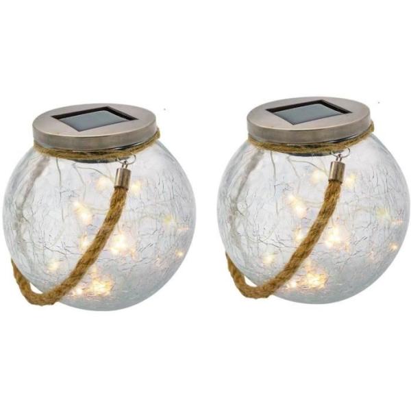 Lot de 2 boules solaires - LUMISKY - CRACK BALL CORD - H13 cm - Verre craquelé a poser - Poignée corde micro - LED blanc chaud