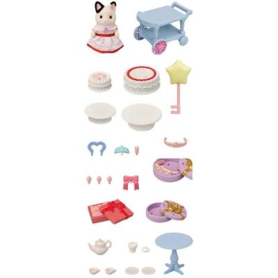 Figurine miniature SYLVANIAN FAMILIES - La fille Chat bicolore et son goûter d'anniversaire