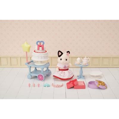 Figurine miniature SYLVANIAN FAMILIES - La fille Chat bicolore et son goûter d'anniversaire