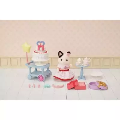 Figurine miniature SYLVANIAN FAMILIES - La fille Chat bicolore et son goûter d'anniversaire