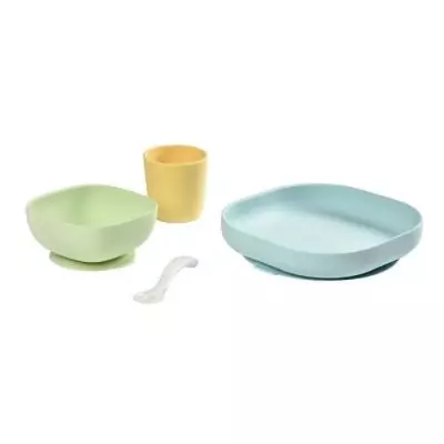 Ensemble repas bébé BEABA silicone jaune, 4 pièces