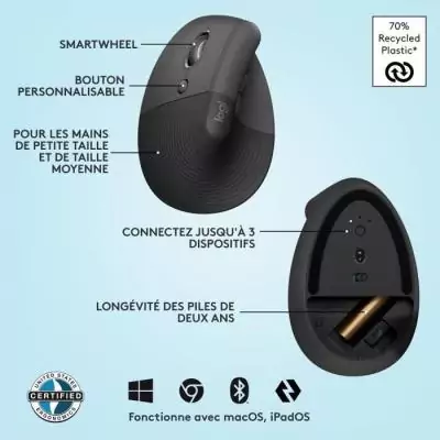 Souris ergonomique Logitech sans fil pour gaucher - Graphite