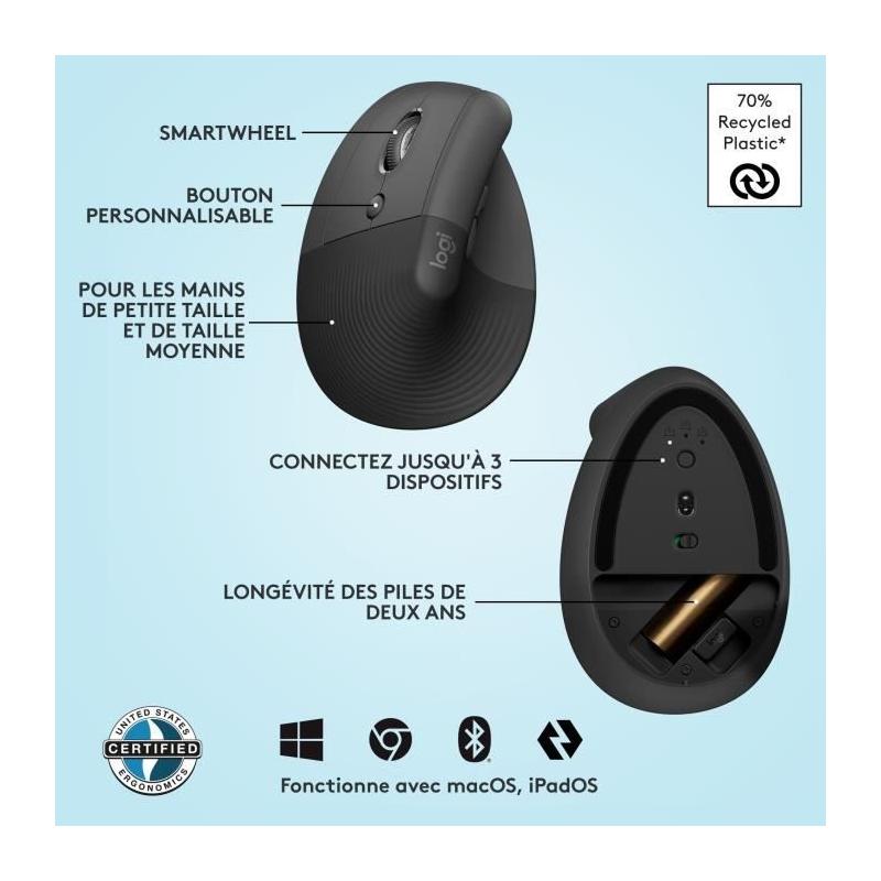 Souris ergonomique Logitech sans fil pour gaucher - Graphite