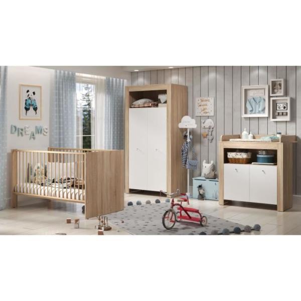 Chambre bébé trio PIA - Lit 70x140 cm + Commode a langer 2 portes + Armoire 2 portes - Décor chene sonoma et blanc mat - TREN