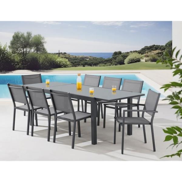 Ensemble repas de jardin 6 a 8 personnes : Table extensible 180-240 cm + 2 fauteuils + 6 chaises - Gris