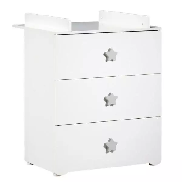 Commode a langer - Babyprice - Basic - 3 tiroirs - Blanche - Boutons étoiles grises