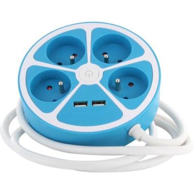Multiprise circulaire design CHACON - 4X16 A - Cordon 1,5m - 2 USB-A + Interrupteur - Bleu