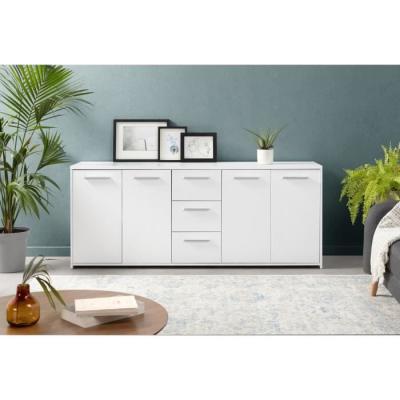 Buffet 4 portes 3 tiroirs blanc mat - Design épuré - Bois certifié FSC