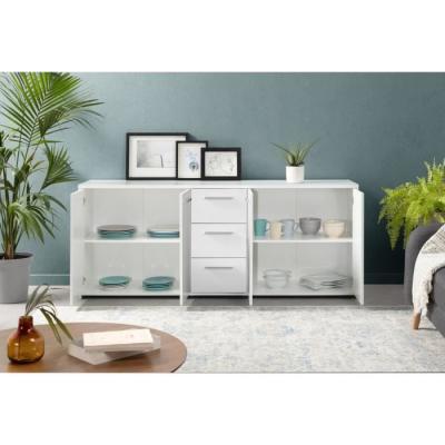 Buffet 4 portes 3 tiroirs blanc mat - Design épuré - Bois certifié FSC