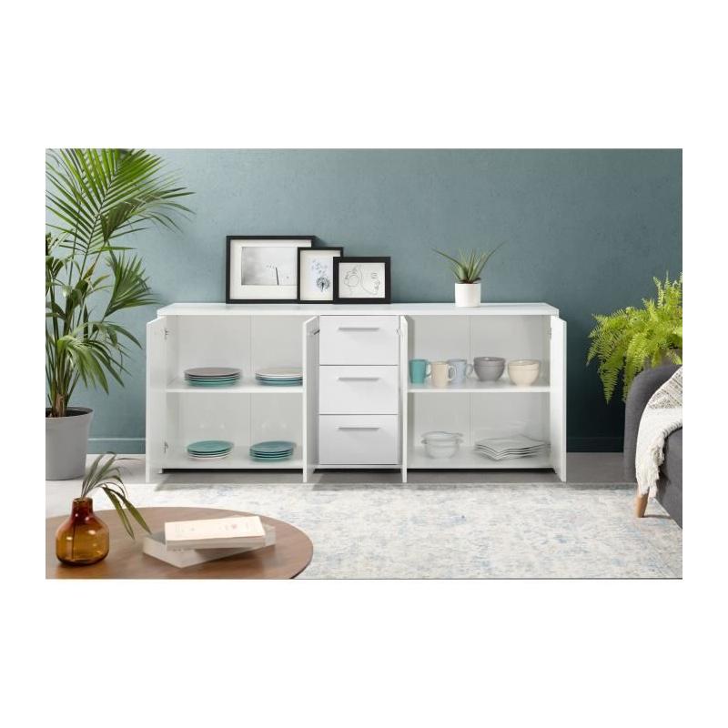 Buffet 4 portes 3 tiroirs blanc mat - Design épuré - Bois certifié FSC