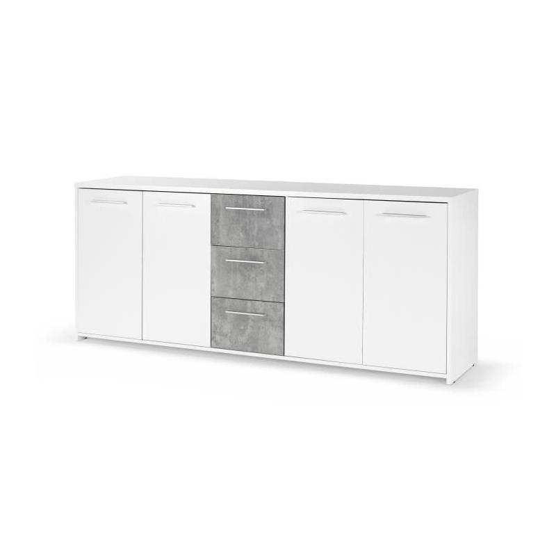 Buffet moderne 4 portes + 3 tiroirs - Blanc/Gris béton - Certification FSC - 179x42x74,5 cm