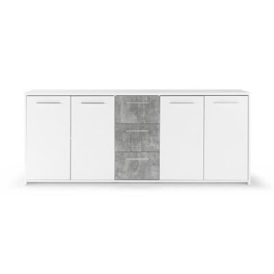 Buffet moderne 4 portes + 3 tiroirs - Blanc/Gris béton - Certification FSC - 179x42x74,5 cm