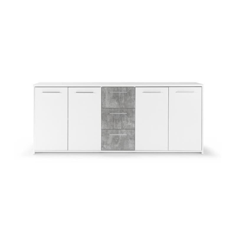 Buffet moderne 4 portes + 3 tiroirs - Blanc/Gris béton - Certification FSC - 179x42x74,5 cm