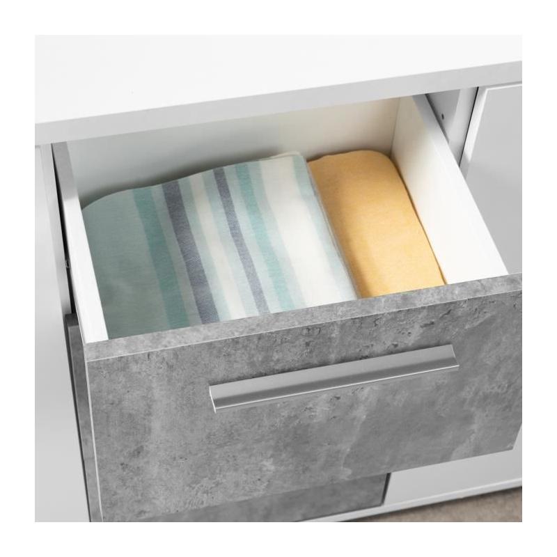 Buffet moderne 4 portes + 3 tiroirs - Blanc/Gris béton - Certification FSC - 179x42x74,5 cm