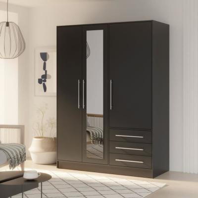 Armoire 3 portes battantes avec miroir + 3 tiroirs - Noir - JUPITER
