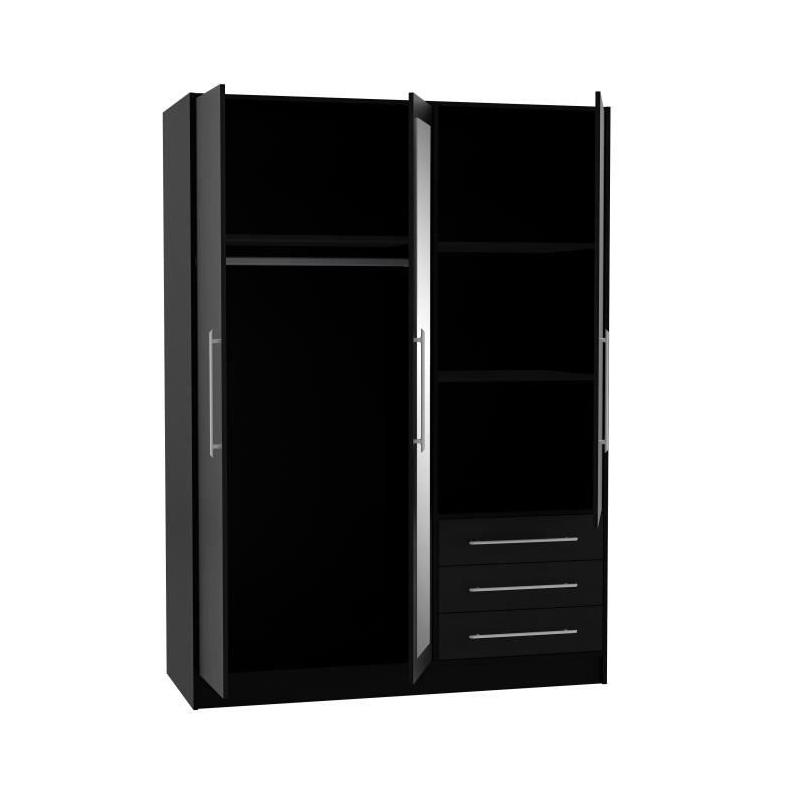 Armoire 3 portes battantes avec miroir + 3 tiroirs - Noir - JUPITER