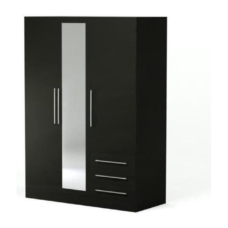 Armoire 3 portes battantes avec miroir + 3 tiroirs - Noir - JUPITER