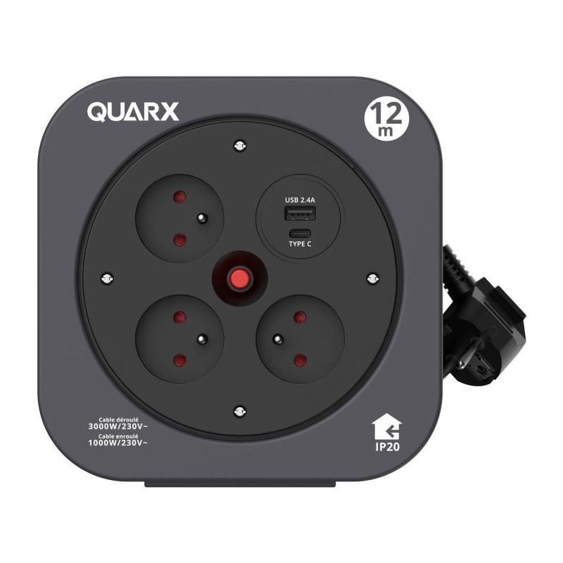Enrouleur QUARX S-Box: 12m, 3 prises 16A, USB Type A et C