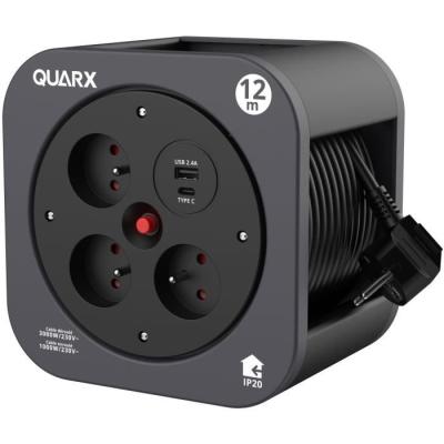 Enrouleur QUARX S-Box: 12m, 3 prises 16A, USB Type A et C