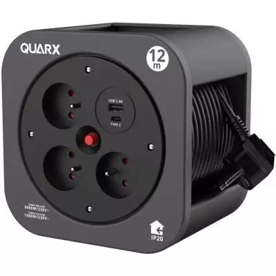 Enrouleur QUARX S-Box: 12m, 3 prises 16A, USB Type A et C