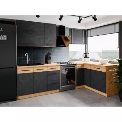 Meuble casserolier ROCK - Chêne Lancelot et Gris Matera - 3 tiroirs