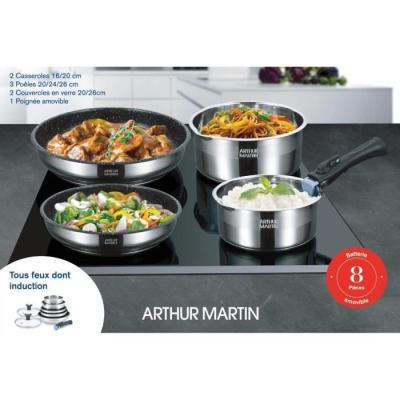 Batterie de cuisine Arthur Martin AM2493 8 pièces - Acier Inoxydable - Poignée amovible • 