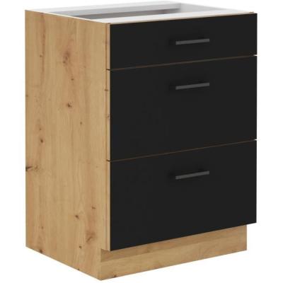 Meuble bas casserolier MODENA - 3 tiroirs - Chene artisan / Noir mat
