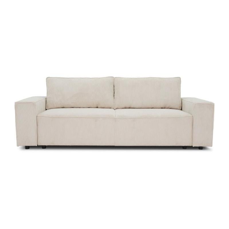 Canapé convertible 3 places JOSH - Velours côtelé beige - Coffre de rangement