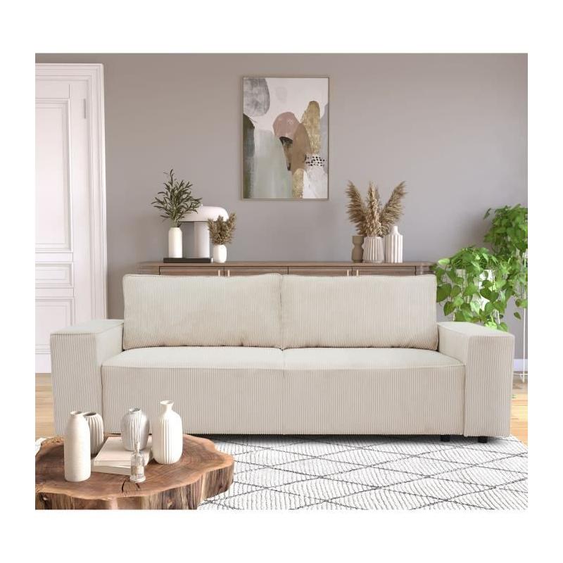 Canapé convertible 3 places JOSH - Velours côtelé beige - Coffre de rangement