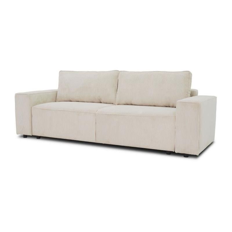Canapé convertible 3 places JOSH - Velours côtelé beige - Coffre de rangement