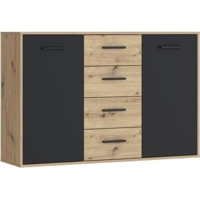 Buffet PILVI contemporain - Chene et noir - 2 portes + 4 tiroirs