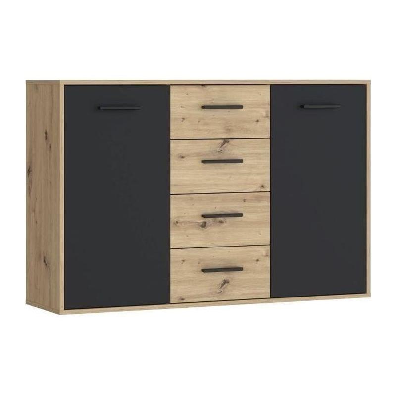 Buffet PILVI contemporain - Chene et noir - 2 portes + 4 tiroirs