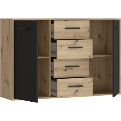 Buffet PILVI contemporain - Chene et noir - 2 portes + 4 tiroirs