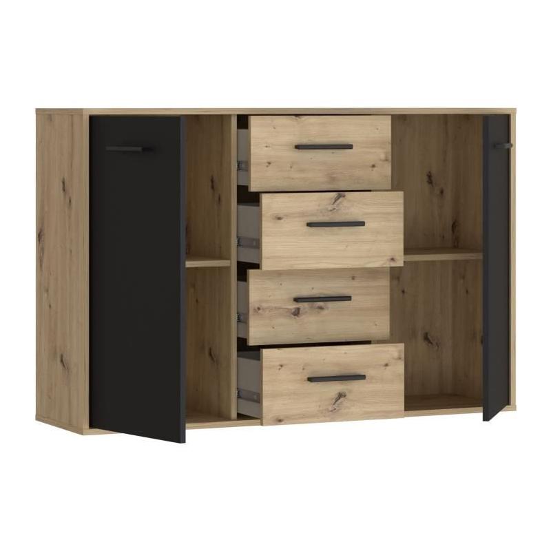 Buffet PILVI contemporain - Chene et noir - 2 portes + 4 tiroirs